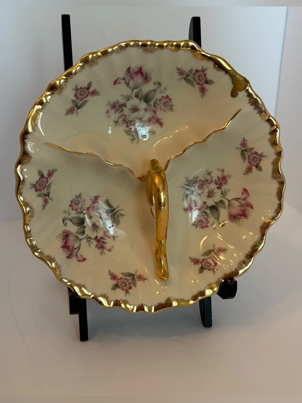 Antique 22k Gold Trim Divided Floral Relish Serving Dish Bowl with Handle